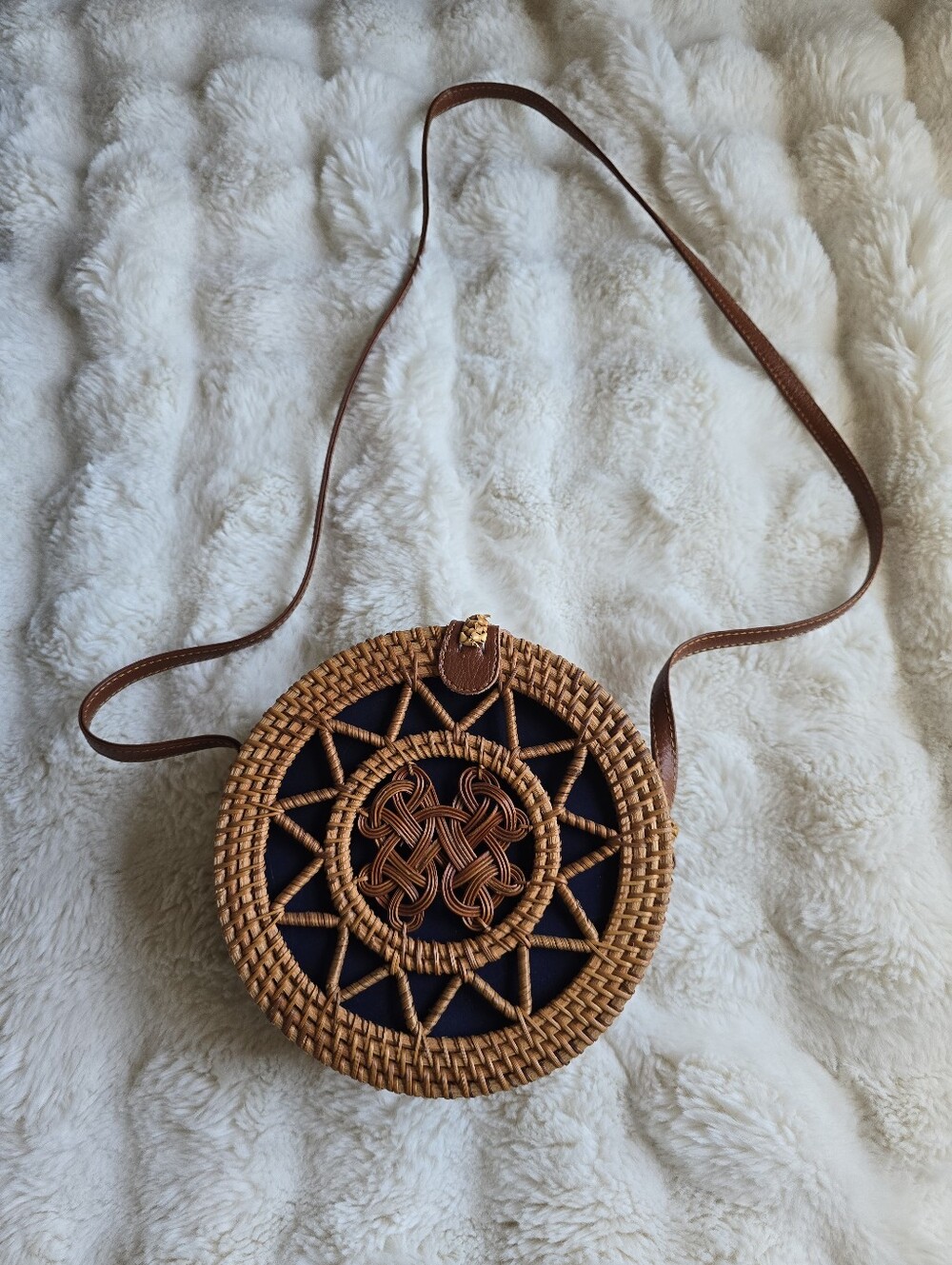 Handwoven Round Rattan Crossbody Bag in Brown